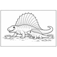Coloriage de deux dimetrodons réalistes épurés, un adulte et un jeune, voiles différentes et pierres