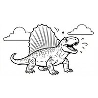 Coloriage dimetrodon style BD / comic, rugissement gentil avec lignes comic et nuages (sans texte)