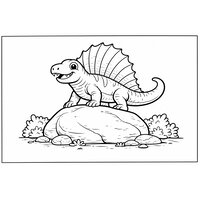 Coloriage dimetrodon cartoon sur un gros rocher arrondi, voile dorsale visible et buissons simples