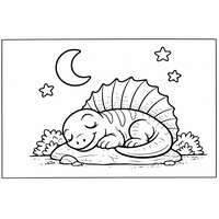 Coloriage dimetrodon kids-friendly qui dort roulé en boule, lune et étoiles, voile arrondie visible