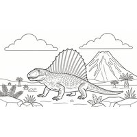 Coloriage dimetrodon réaliste épuré en paysage permien, volcan stylisé, nuages et plantes anciennes