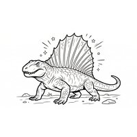 Coloriage dimetrodon style BD / comic, pose héroïque avec grande voile dorsale et effets comic