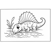 Coloriage dimetrodon cartoon qui boit au bord d'une mare, vagues simples et roseaux (dessin enfant)