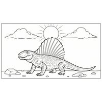 Coloriage dimetrodon réaliste épuré au soleil, voile tournée légèrement, nuages et pierres au sol