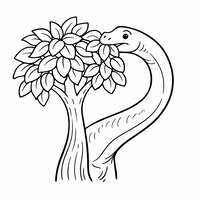 Coloriage diplodocus cartoon qui mange des feuilles sur un arbre stylisé