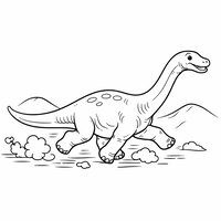 Coloriage diplodocus cartoon en course, poussière en grosses formes, collines simples