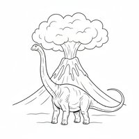 Coloriage diplodocus semi-réaliste avec volcan stylisé et fumée en contours