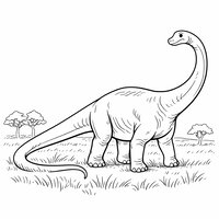 Coloriage diplodocus réaliste épuré dans une plaine, herbes et arbres stylisés, contours