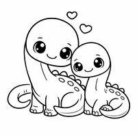 Coloriage maman diplodocus et bébé diplodocus kawaii, petits cœurs, à imprimer