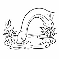 Coloriage diplodocus qui boit dans un étang, vagues simples et roseaux