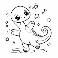 Coloriage diplodocus kawaii dansant, queue en spirale, étoiles et notes de musique