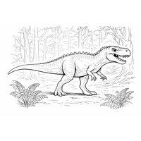 Coloriage Giganotosaurus semi-réaliste qui marche dans une forêt primitive avec fougères simples