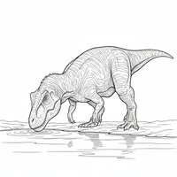 Coloriage Giganotosaurus réaliste épuré qui boit au bord d’une rivière, reflets simples