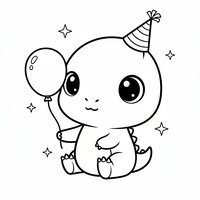 Coloriage Giganotosaurus kawaii avec chapeau de fête et ballon, étoiles simples