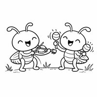 Coloriage deux grillons cartoon qui jouent de la musique, violon simple et maracas, brins d’herbe