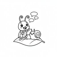 Coloriage grillon kawaii avec un petit escargot ami, feuille simple et bulles