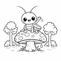 Coloriage grillon cartoon sur un gros champignon stylisé, gouttes de rosée et décor forêt simple