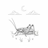 Coloriage grillon réaliste épuré, scène soir d’été avec lune, nuages simples et herbes