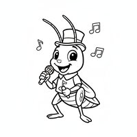Coloriage grillon cartoon qui chante avec notes de musique, antennes longues, pose rigolote