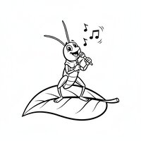 Coloriage grillon cartoon sur une feuille géante, brin d’herbe comme micro et notes de musique