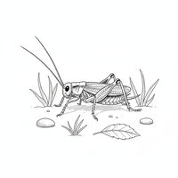 Coloriage grillon semi réaliste dans son habitat avec brins d’herbe, pierres rondes et feuille sèche