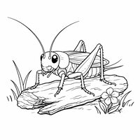 Coloriage grillon réaliste épuré posé sur un petit morceau de bois, brins d’herbe et petite fleur