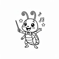 Coloriage grillon kawaii chef d’orchestre avec baguette, étoiles et notes de musique