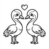 Coloriage deux grues : duo kawaii face à face avec petit cœur, facile enfant (Toupty.com)