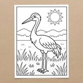 Coloriage grue paysage : montagnes et herbes simples, style dessin d’enfant (Toupty.com)