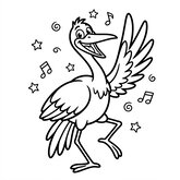 Coloriage grue rigolote : grue qui danse avec étoiles, dessin simple enfant (Toupty.com)