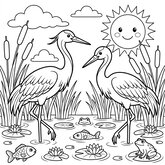 Coloriage grues détaillé : deux grues, roseaux et eau, scène 6-9 ans, fond blanc (Toupty.com)