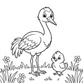 Coloriage grue et poussin : scène mignonne, herbes simples, facile enfant (Toupty.com)