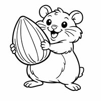 Coloriage hamster cartoon debout tenant une graine de tournesol géante, ventre rond et moustaches