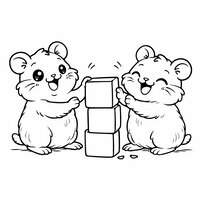 Coloriage deux hamsters cartoon jouant à empiler trois cubes, expressions rigolotes et ligne de sol