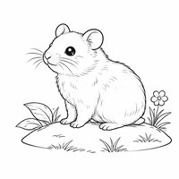 Coloriage hamster semi réaliste simple sur une petite butte, une feuille et une fleur en décor léger