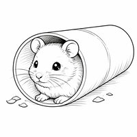 Coloriage hamster réaliste épuré sortant d’un petit tunnel, moustaches fines, tube et copeaux simples