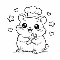 Coloriage hamster kawaii chef avec petite toque, tient une mini carotte, étoiles et cœurs en contours