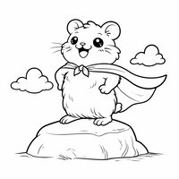 Coloriage hamster cartoon super-héros avec cape, pose fière sur un rocher et nuages simples