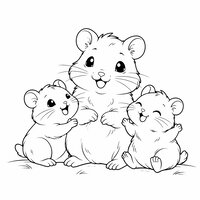 Coloriage famille de hamsters semi réaliste simple, un adulte au centre et deux petits sur les côtés