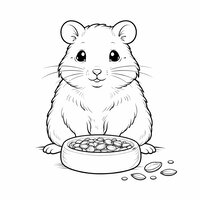 Coloriage hamster réaliste épuré assis face avec une petite gamelle et quelques graines en contours