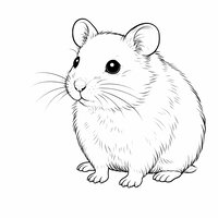Coloriage hamster réaliste épuré vue 3/4 avant droite, moustaches fines et pattes avant posées