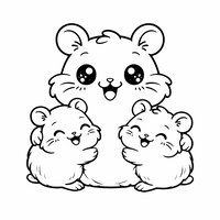 Coloriage maman hamster kawaii avec deux bébés hamsters, formes très rondes et sourires