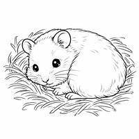 Coloriage hamster réaliste épuré recroquevillé dans un petit nid de foin, courbes simples et regard doux
