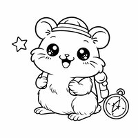 Coloriage hamster kawaii explorateur avec petit sac à dos et mini chapeau, étoile et boussole simples
