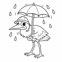 Coloriage héron cartoon sous la pluie avec parapluie rond et chapeau, gouttes en contours, pose drôle