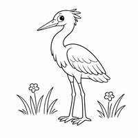 Coloriage jeune héron semi réaliste simple dans une prairie, herbes larges et fleurs faciles à colorier