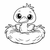 Coloriage bébé héron kawaii assis dans un nid rond, brins de paille simples, dessin facile