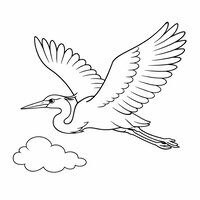 Coloriage héron réaliste simplifié en vol, ailes larges, pattes vers l’arrière, nuage simple