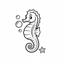 Coloriage hippocampe cartoon debout, queue en spirale, nageoire dorsale exagérée, bulles et étoile de mer