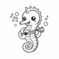 Coloriage hippocampe cartoon musicien avec petit ukulélé, queue en spirale et notes de musique en bulles